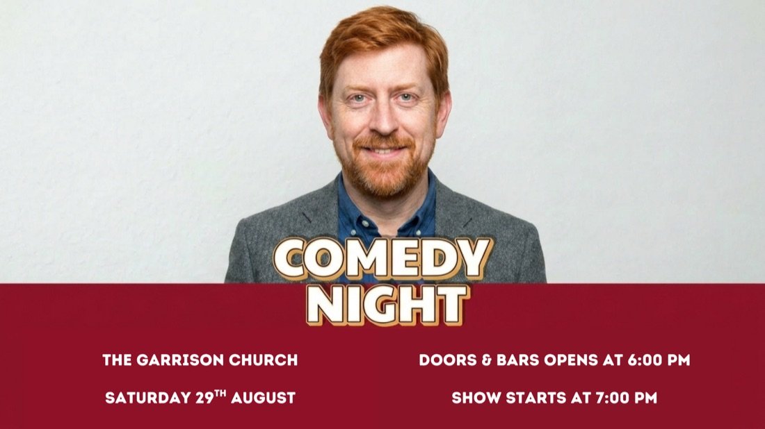 KCD Comedy Night poster — Saturday 29th August at The Garrison Church